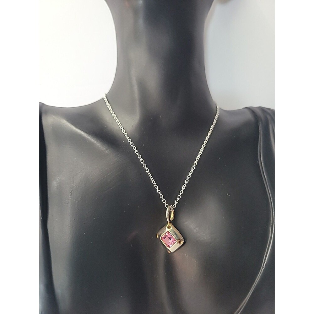 Vintage Square Pink Crystal‎ Pendant Necklace Silver Gold Two Tone Minimalist